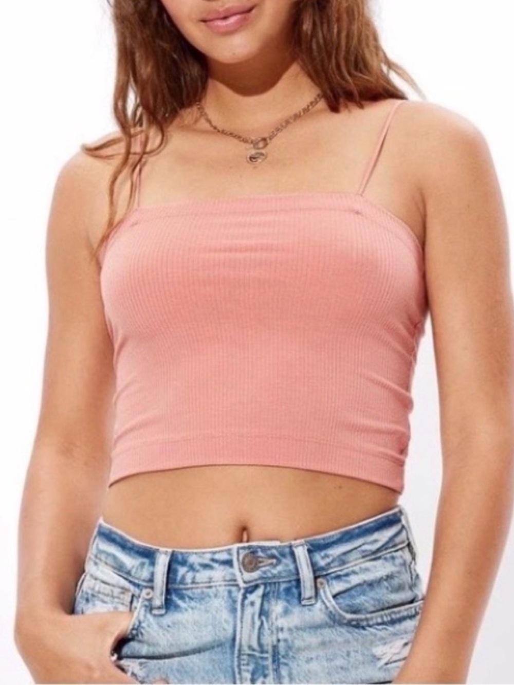 American Eagle Crop Top Womens Small Pink Ribbed Cami Tank Top
